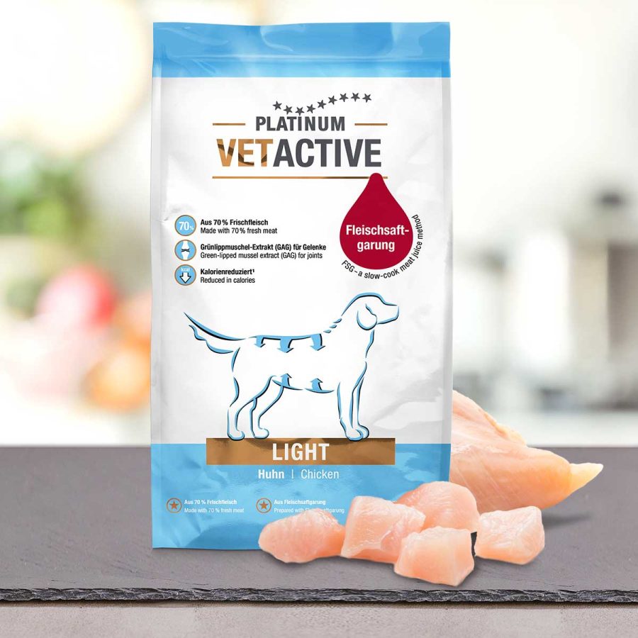 PLATINUM VETACTIVE LIGHT κλινική τροφή με 70% φρέσκο κοτόπουλο για παχύσαρκους σκύλους, χαμηλά λιπαρά, υποστήριξη αρθρώσεων και υγιές τρίχωμα