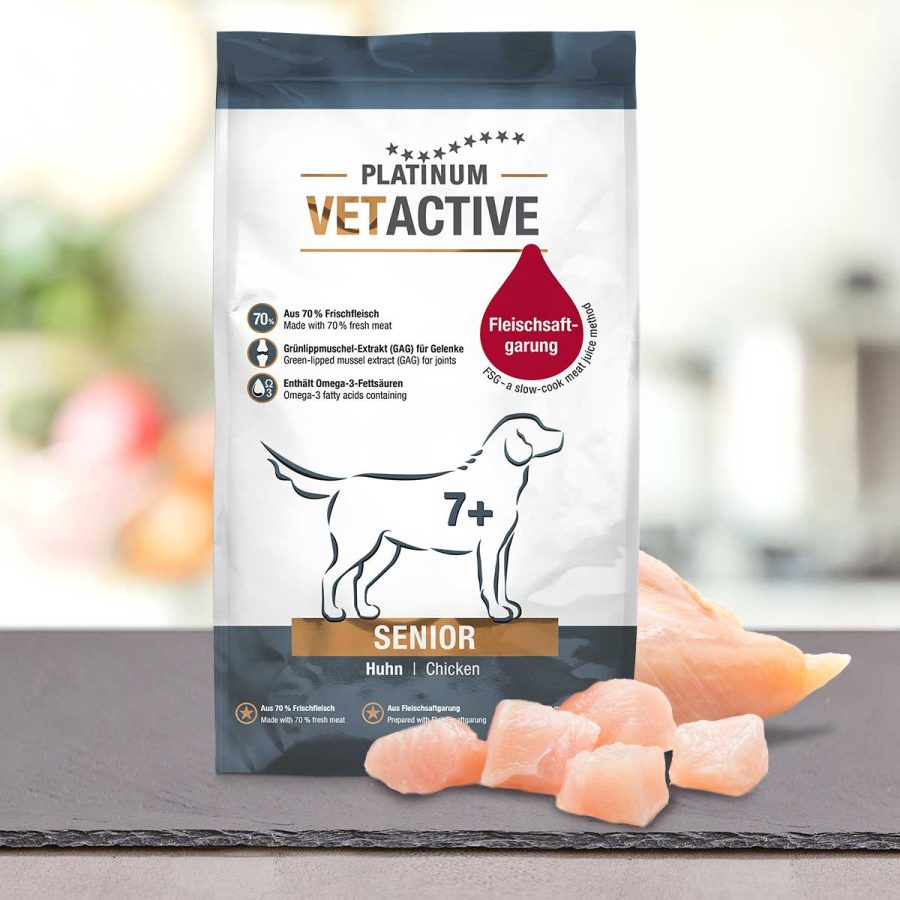 PLATINUM VETACTIVE SENIOR κλινική τροφή με 70% φρέσκο κοτόπουλο για ηλικιωμένους σκύλους 7+ ετών, υποστήριξη αρθρώσεων και μυών